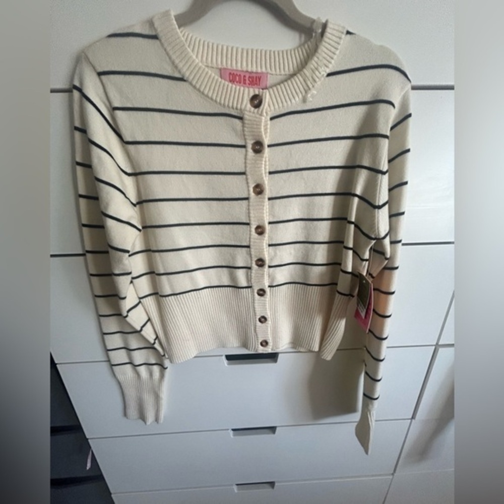 NWT Coco and Shay Cream Striped Women's Cardigan Sweater